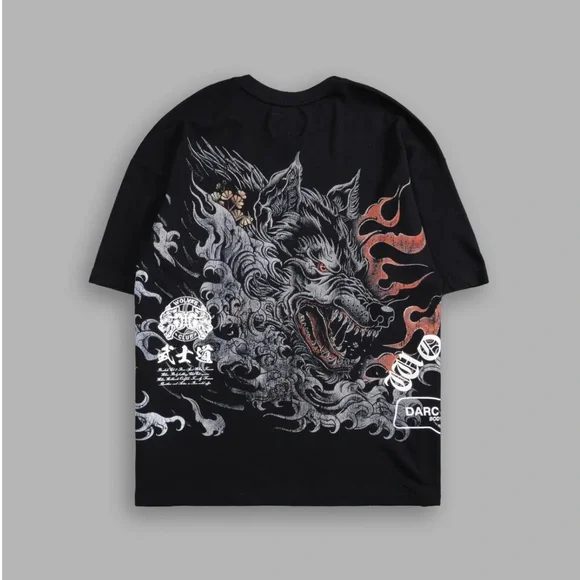 OKAMI FLAMES "SIDE BY SIDE" OVERSIZED TEE IN BLACK - Picture 1 of 3